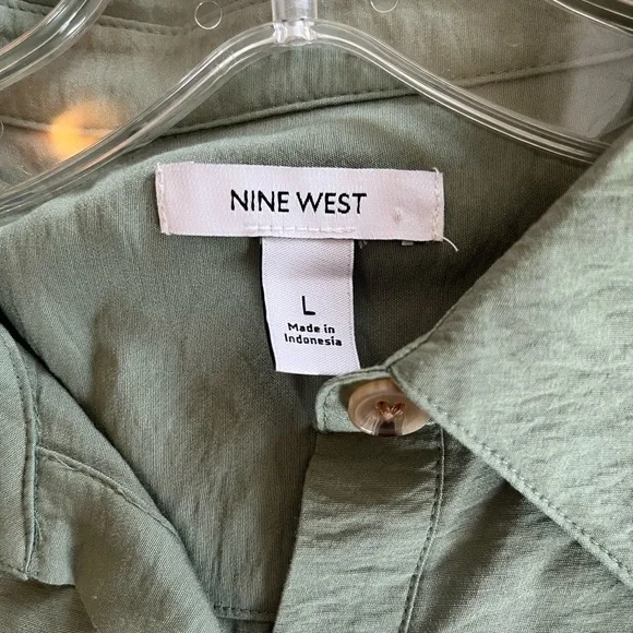 New! Nine West Button-Front Sage Green Long Shirt Dress Women’s Size Large - Picture 2 of 16